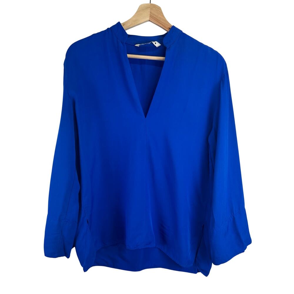 Zara Long‎ Sleeve Royal Blue Deep V Neck Slit Blouse Womens Small Flowy Boxy